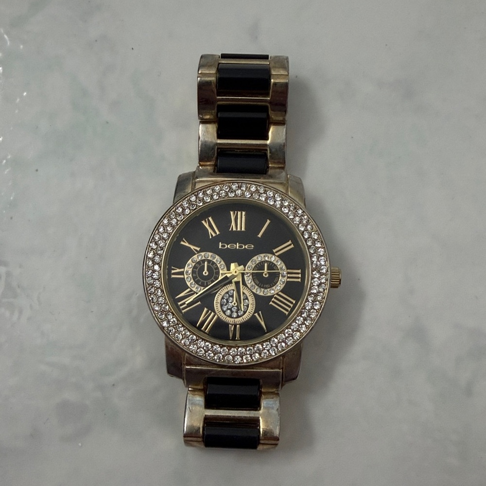 Bebe Gold and Black Watch with Crystal Details